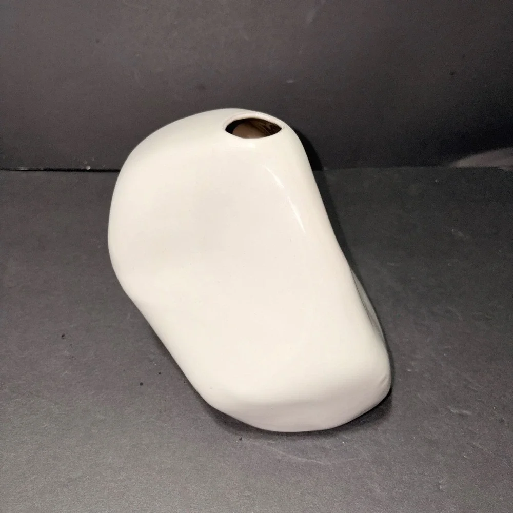 Modernist White Ceramic Asymmetrical Organic Pebble Bud Vase Sculptural Decor